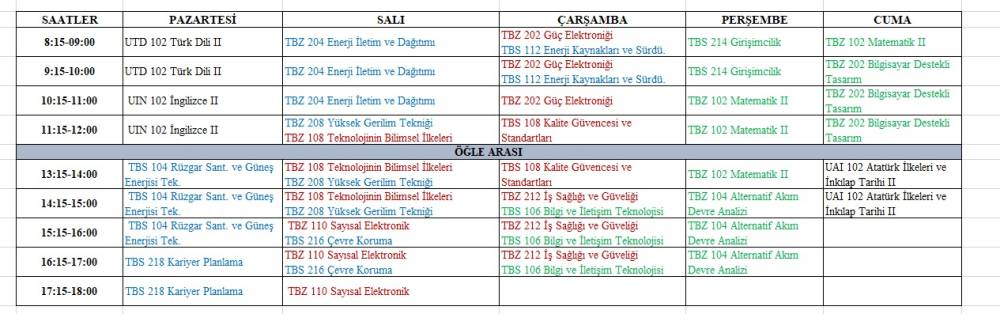 Elektrik Enerjisi üretim, İletim ve Dağıtımı Programı 2025-2026 Bahar Yarı Yılı Ders Programı