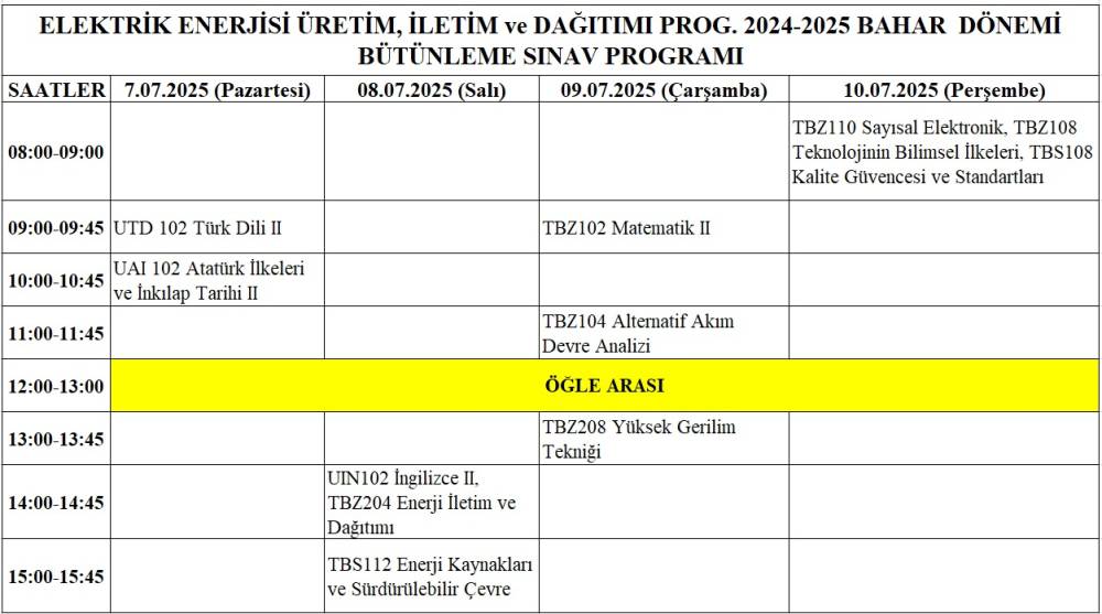 2024-2025 TUFANBEYLİ MYO ELEKTRİK ENERJİSİ ÜRETİM İLETİM ve DAĞITIMI PROGRAMI BÜTÜNLEME SINAVLARI TAKVİMİ