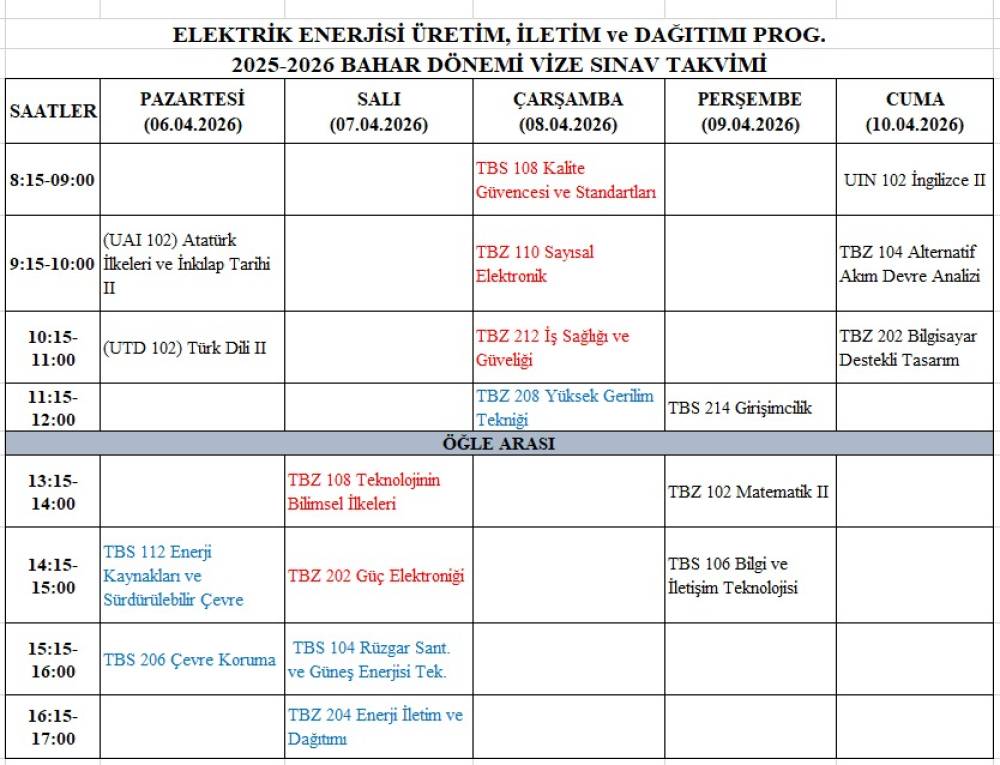 2025-2026 TUFANBEYLİ MYO ELEKTRİK ENERJİSİ ÜRETİM İLETİM ve DAĞITIMI PROGRAMI BAHAR DÖNEMİ VİZE SINAVLARI TAKVİMİ
