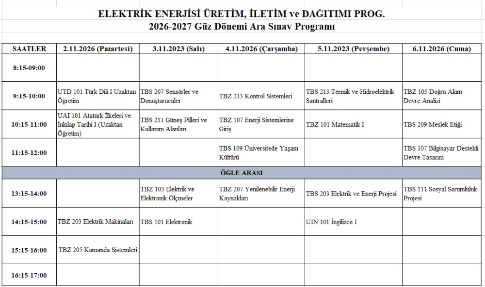 2025-2026 TUFANBEYLİ MYO ELEKTRİK ENERJİSİ ÜRETİM İLETİM ve DAĞITIMI PROGRAMI GÜZ DÖNEMİ ARA SINAV TAKVİMİ