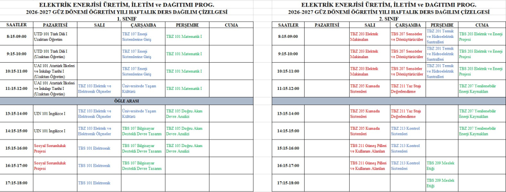2026-2027 Eğitim-Öğretim yılı Güz dönemi ders programı